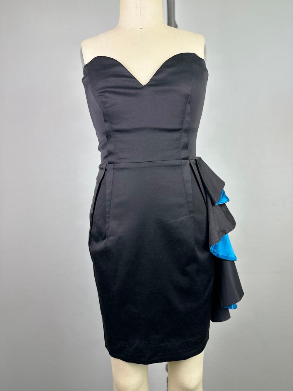 Bebe Strapless Sweetheart Mesh Corset Bodycon Dress Black Blue Ruffle Size xs